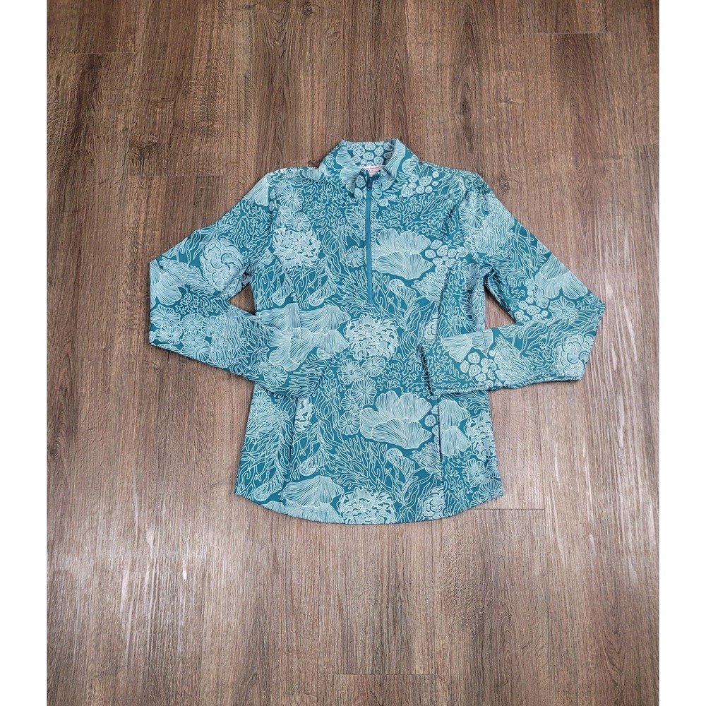 Tommy Bahama Golf Quarter Zip Pullover Womens S Teal Coral Reef Print Stretch